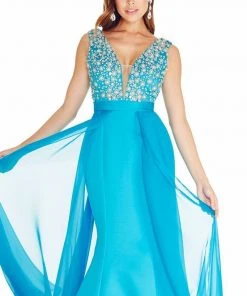 Formal Gowns Ashley Lauren - 1277 Plunging Evening Dress With Overskirt