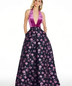 Formal Gowns Ashley Lauren - 1296 Velvet Deep Halter Brocade Ballgown