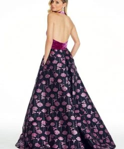 Formal Gowns Ashley Lauren - 1296 Velvet Deep Halter Brocade Ballgown