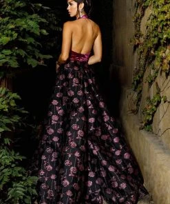 Formal Gowns Ashley Lauren - 1296 Velvet Deep Halter Brocade Ballgown 10 Formal Gowns Ashley Lauren - 1296 Velvet Deep Halter Brocade Ballgown