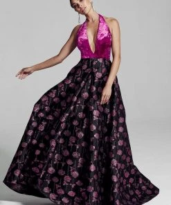 Formal Gowns Ashley Lauren - 1296 Velvet Deep Halter Brocade Ballgown 11 Formal Gowns Ashley Lauren - 1296 Velvet Deep Halter Brocade Ballgown