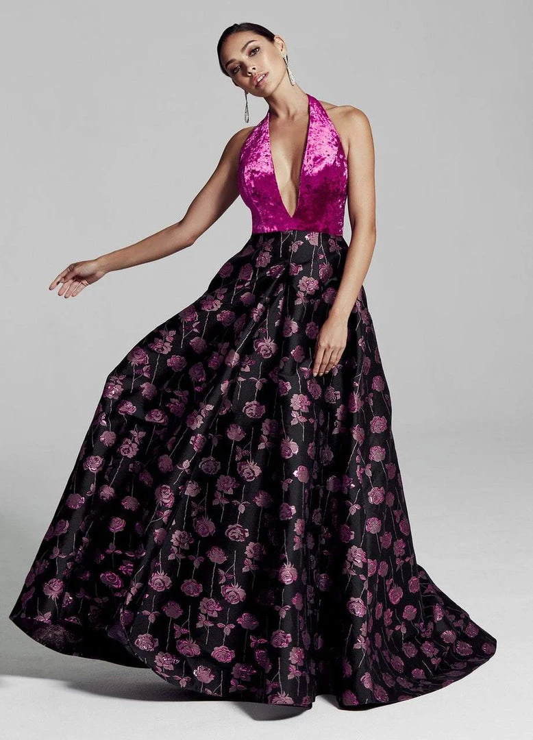 Formal Gowns Ashley Lauren - 1296 Velvet Deep Halter Brocade Ballgown 7 Formal Gowns Ashley Lauren - 1296 Velvet Deep Halter Brocade Ballgown