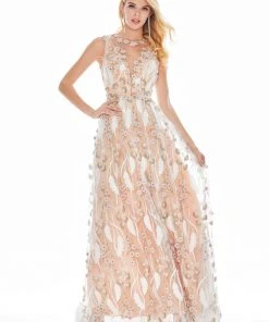 Formal Gowns Ashley Lauren - 1344 Floral Applique Jewel Neck A-line Dress