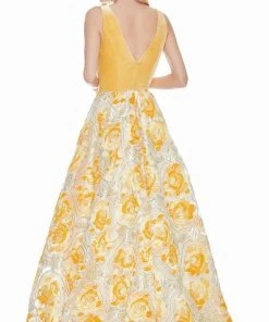 Ashley Lauren - 1345 Sleeveless Velvet Bodice Metallic Brocade Ballgown - 1 Pc Yellow/Multi In Size 4 Available Formal Gowns