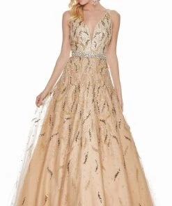 Ashley Lauren - 1364 Beaded Deep V-neck Tulle Ballgown