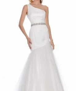 Formal Gowns Ashley Lauren - 1368 Embellished One Shoulder Satin Tulle Dress