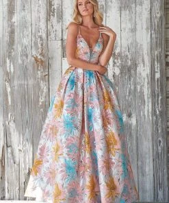 Ashley Lauren - 1369 Deep V-neck Brocade Pleated Ballgown Dress Formal Gowns