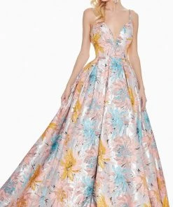 Ashley Lauren - 1369 Deep V-neck Brocade Pleated Ballgown Dress Formal Gowns