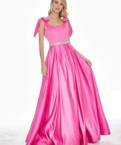 Ashley Lauren - 1383 Bow Accent Shoulder V Back A-Line Satin Gown