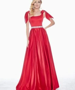 Ashley Lauren - 1383 Bow Accent Shoulder V Back A-Line Satin Gown
