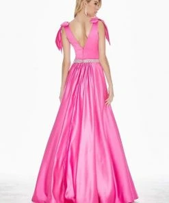 Ashley Lauren - 1383 Bow Accent Shoulder V Back A-Line Satin Gown