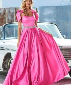 Ashley Lauren - 1383 Bow Accent Shoulder V Back A-Line Satin Gown