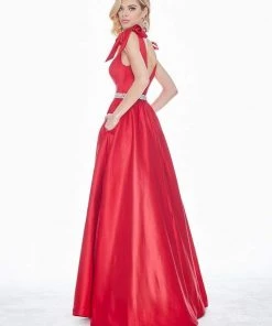 Ashley Lauren - 1383 Bow Accent Shoulder V Back A-Line Satin Gown