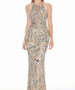 Formal Gowns Ashley Lauren - Ornate Halter Sheath Evening Dress 1563 - 1 Pc Multi/Nude In Size 6 Available
