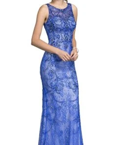 Aspeed Design - Beaded Illusion Sheath Prom Dress L1940 - 1 Pc Royal In Size XS Available Formal Gowns
