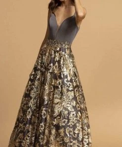 Aspeed Design - Sequin Embroidered Gown L2245 - 1 Pc Charcoal Gold In Size M Available Formal Gowns