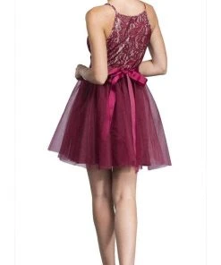 Cocktail Dresses Aspeed Design - Short Halter Lace Bodice Dress D136 - 1 Pc Burgundy In Size XS Available