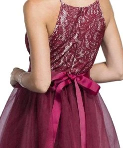 Cocktail Dresses Aspeed Design - Short Halter Lace Bodice Dress D136 - 1 Pc Burgundy In Size XS Available