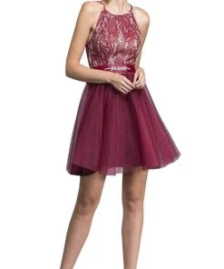 Cocktail Dresses Aspeed Design - Short Halter Lace Bodice Dress D136 - 1 Pc Burgundy In Size XS Available