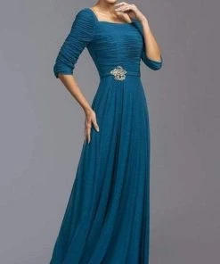 Aspeed Design - Square Neck Shirred A-Line Dress M2195 - 1 Pc Slate Gray In Size M Available