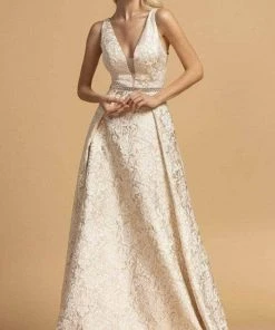 Aspeed Design - V-Neck Floral Lace Evening Dress D310 - 1 Pc Rosegold In Size S Available Formal Gowns