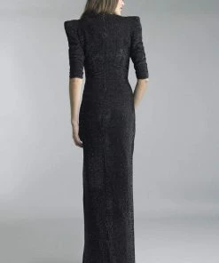 Basix - D5301L Puff Sleeve Plunging Surplice Sheath Gown Formal Gowns