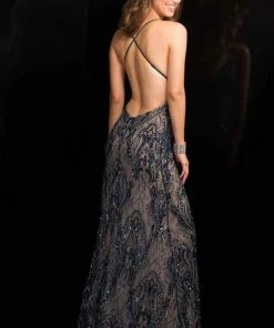 SCALA BG Haute - Spaghetti-Strap Sequined Evening Gown 48710 - 1 Pc Black / Nude In Size 4 Available