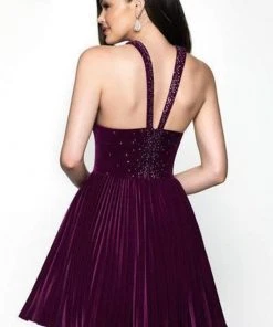 Blush By Alexia Designs Blush - 11629 Rhinestone Accented Halter Velvet A-line Dress