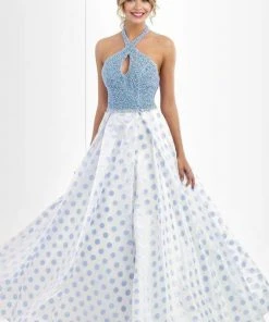 Blush By Alexia Designs Blush - 5516 Embellished Halter Neck Polka Dot Printed Ball Gown