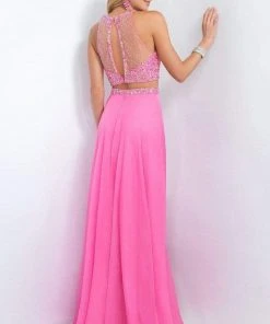 Blush By Alexia Designs Blush - Bejeweled Illusion Halter Neck Chiffon A-line Gown 11062 Formal Gowns