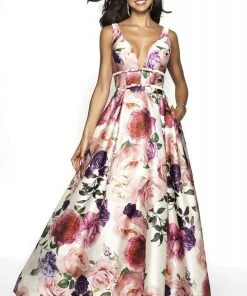 Blush By Alexia Designs - 11735 Plunging Floral Print Ballgown Formal Gowns