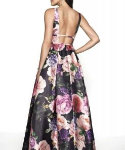 Blush By Alexia Designs - 11735 Plunging Floral Print Ballgown Formal Gowns