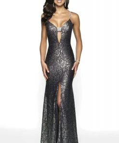 Blush By Alexia Designs - 11772 Metallic Lace Deep Vneck Trumpet Dress Formal Gowns