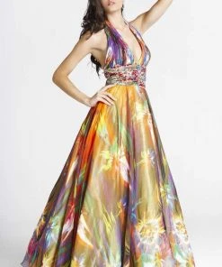 Blush By Alexia Designs - 5034 Plunging Halter Print Gown Formal Gowns
