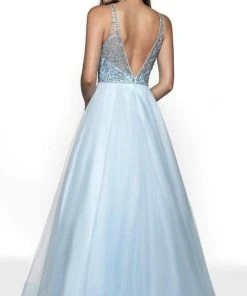 Formal Gowns Blush By Alexia Designs - 5716 Beaded Plunging Halter V-neck Ballgown