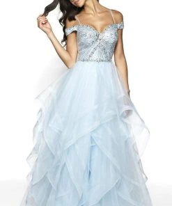 Blush By Alexia Designs - 5717 Off Shoulder Asymmetrical Tulle Gown