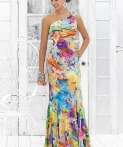 Blush By Alexia Designs - 9303 One Shoulder Floral Printed Long Dress Formal Gowns