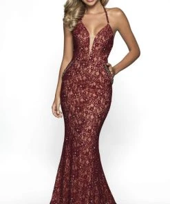 Blush By Alexia Designs - C2010 Plunging Beaded Lace Mermaid Gown Formal Gowns