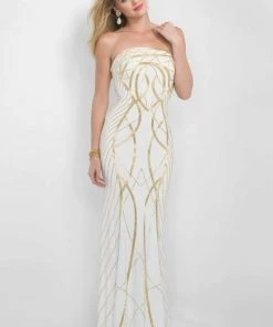 Blush By Alexia Designs - Gold Printed Strapless Long Dress 7014