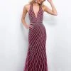 Blush By Alexia Designs - Silver Beaded Plunging Evening Gown 11389