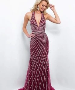 Blush By Alexia Designs - Silver Beaded Plunging Evening Gown 11389