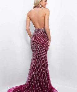 Blush By Alexia Designs - Silver Beaded Plunging Evening Gown 11389