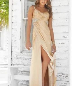 Blush By Alexia Designs - Sleeveless Pleated Long Gown With Slit 9326