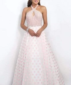 Blush By Alexia Designs Blush - Embellished Halter Neck Polka Dot Printed Ball Gown 5516 Formal Gowns