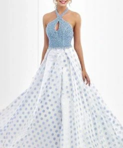 Blush By Alexia Designs Blush - Embellished Halter Neck Polka Dot Printed Ball Gown 5516 Formal Gowns