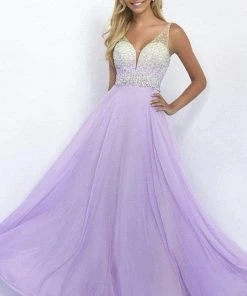 Blush By Alexia Designs Formal Gowns Blush - Embellished V-Neck Chiffon A-line Dress 11087