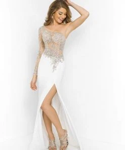 Blush By Alexia Designs Formal Gowns Blush - X215 Crystal Embellished One Shoulder Long Sleeve Dress