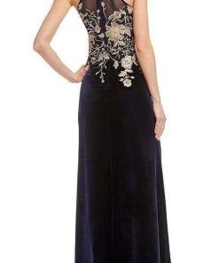 Formal Gowns Cachet - 59820 Gilt Floral Embroidered Illusion Halter Gown