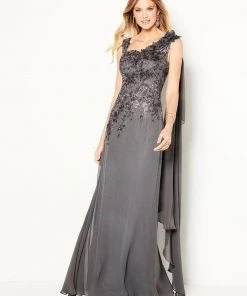 Cameron Blake By Mon Cheri - Asymmetric Ruffle Draped Prom Dress 219687 - 1 Pc Smoke In Size 16 Available