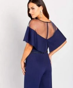 Cameron Blake By Mon Cheri - Beaded Illusion Neck Jumpsuit 119665 - 1 Pc Navy In Size 14 Available